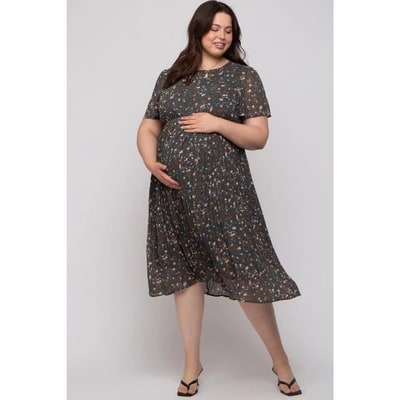 Target Pinkblush Forest Green Floral Pleated Chiffon Maternity Plus Midi Dress 1X