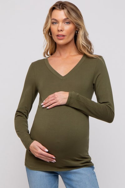 PinkBlush Olive Fitted Long Sleeve Maternity Top