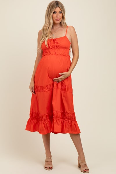 PinkBlush Coral Ruffle Accent Backless Tie Detail Maternity Midi Dress