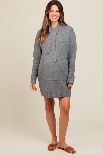 PinkBlush Grey Hooded Front Pocket Maternity Sweater Dress