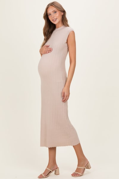 PinkBlush Sand Ribbed Knit Mock Neck Maternity Maxi Dress