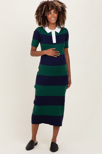 PinkBlush Green Ribbed Striped Knit Polo Maternity Midi Dress