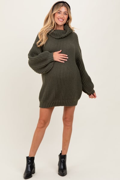 PinkBlush Olive Turtleneck Puff Sleeve Maternity Sweater Dress