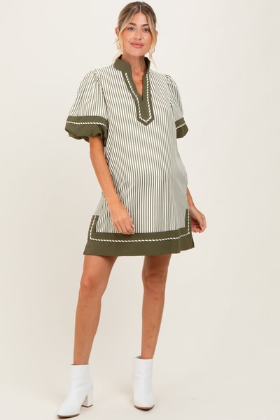 PinkBlush Olive Striped Contrast Border Maternity Mini Dress