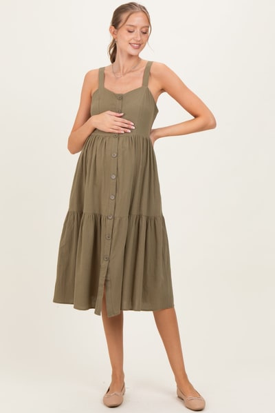 PinkBlush Olive Sleeveless Button Down Tiered Maternity Midi Dress