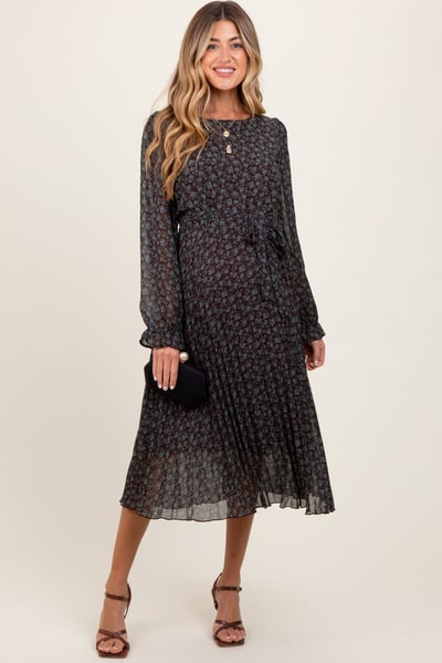 PinkBlush Brown Floral Front Tie Pleated Maternity Midi Dress