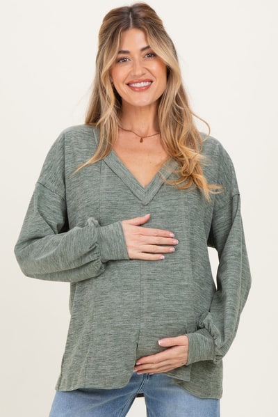 PinkBlush Olive Brushed Long Sleeve V-Neck Maternity Sweatshirt
