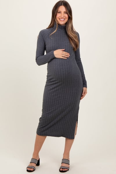 PinkBlush Charcoal Cable Knit Turtleneck Maternity Midi Sweater Dress