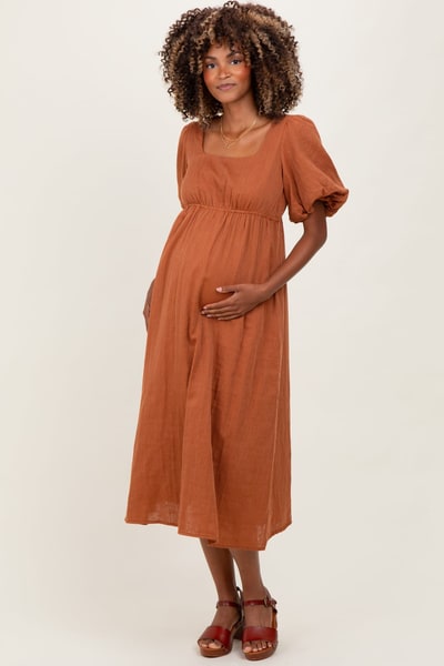 PinkBlush Rust Ribbed Puff Sleeve Tie Back Maternity Midi Dress