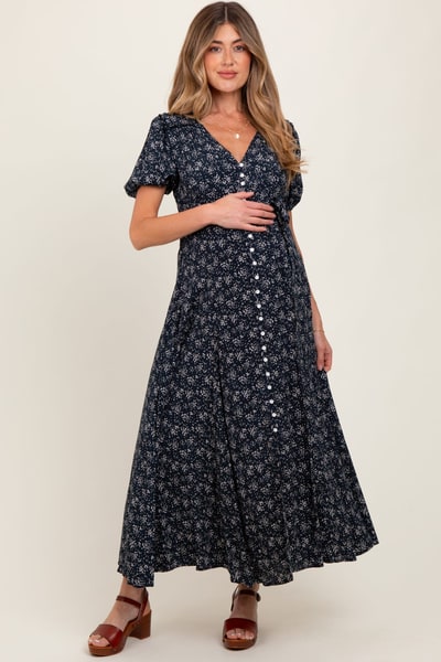 PinkBlush Navy Floral Button Down Maternity Dress