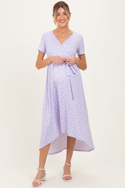 PinkBlush Lavender Floral Print Short Sleeve Hi-Low Maternity Wrap Dress