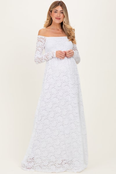 PinkBlush White Floral Lace Long Sleeve Off Shoulder Maternity Maxi Dress