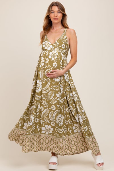 PinkBlush Olive Floral Crisscross Back Cutout Maternity Maxi Dress