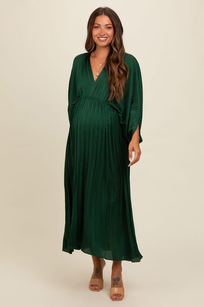 PinkBlush Forest Green Satin Pleated V-Neck Maternity Maxi Dress