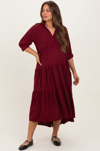 PinkBlush Wine Collared Button Up Tiered Maternity Midi Dress