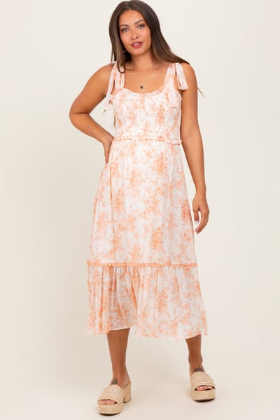 PinkBlush Peach Floral Smocked Shoulder Tie Maternity Midi Dress