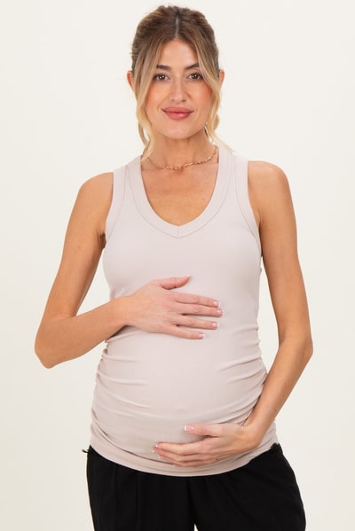 PinkBlush Beige Ribbed Sleeveless Ruched Maternity Tank Top