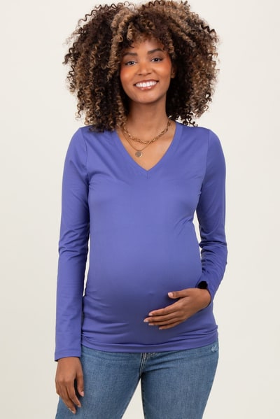 PinkBlush Periwinkle Brushed Knit V-Neck Long Sleeve Maternity Top
