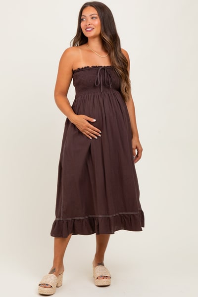 PinkBlush Brown Smocked Tube Maternity Midi Dress