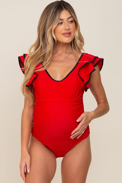 PinkBlush Red Color Blocked Ruffle Shoulder Cutout Back Maternity One Piece Swimsuit