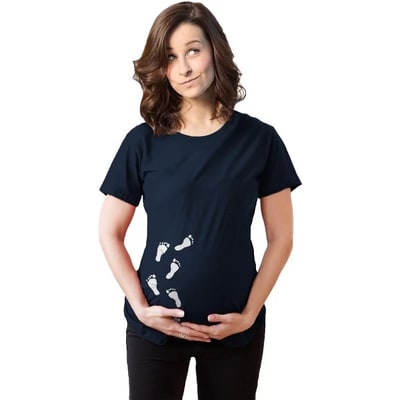 Target Maternity Baby Bump Footprints T Shirt Funny Cute Graphic Pregnancy Tee - Crazy Dog Maternity T Shirt with Fun Design Navy XL