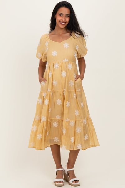 PinkBlush Saffron Yellow Embroidered Floral Tiered Maternity Midi Dress