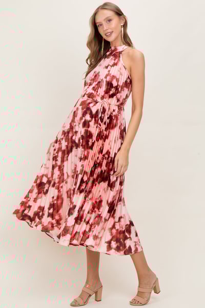 PinkBlush Red Floral Pleated Halter Maternity Midi Dress