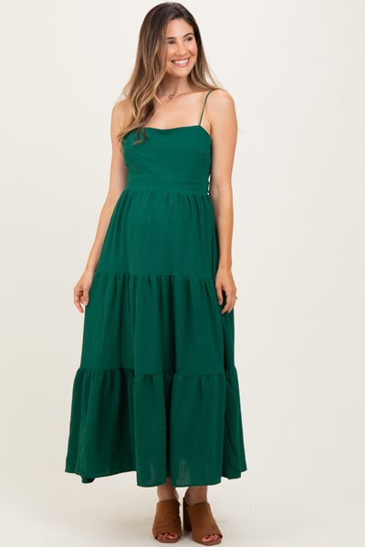 PinkBlush Forest Green Tiered Cutout Tie Back Maternity Midi Dress