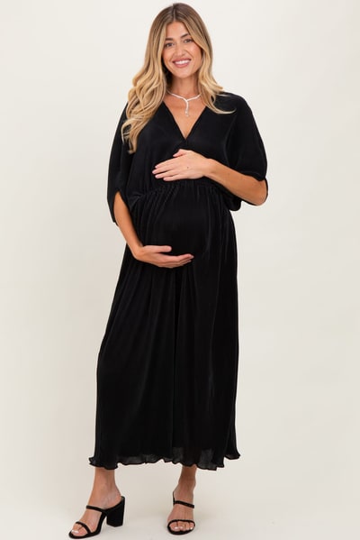 PinkBlush Black Pleated Satin Dolman Sleeve Maternity Maxi Dress