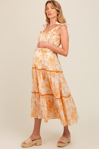 PinkBlush Peach Floral Sleeveless Ruffle Tiered Maternity Midi Dress
