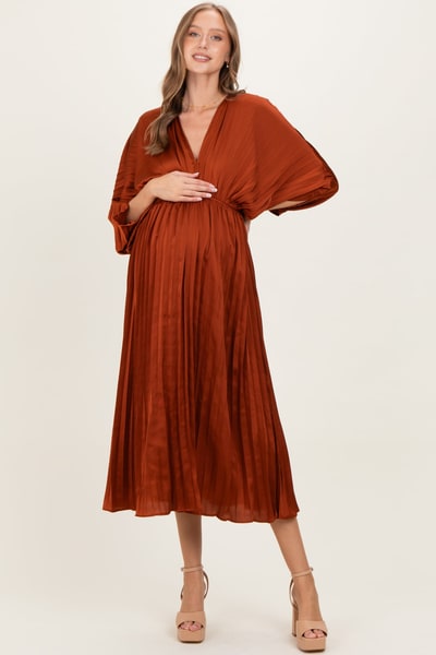 PinkBlush Brown Satin Pleated V-Neck Maternity Maxi Dress