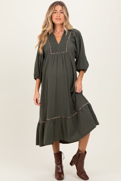 PinkBlush Olive V-Neck Contrast Trim 3/4 Sleeve Maternity Midi Dress