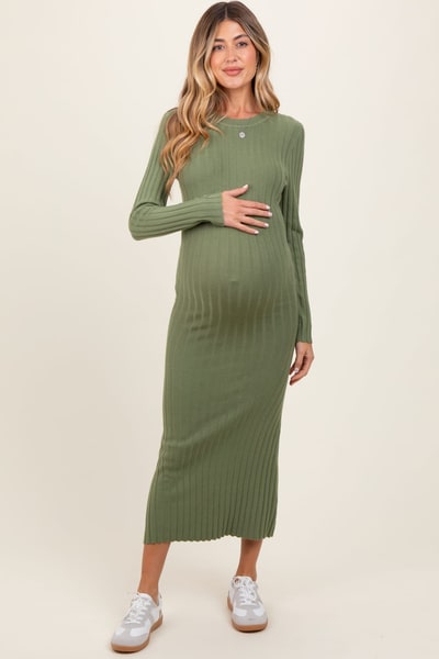 PinkBlush Olive Ribbed Knit Fitted Maternity Midi Sweater Dress