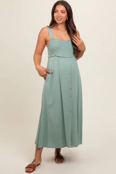PinkBlush Light Olive Button Down Smocked Maternity Dress