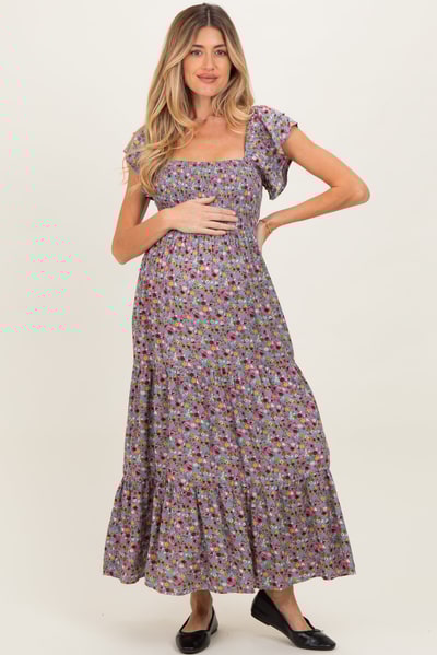 PinkBlush Blue Floral Off Shoulder Smocked Maternity Maxi Dress