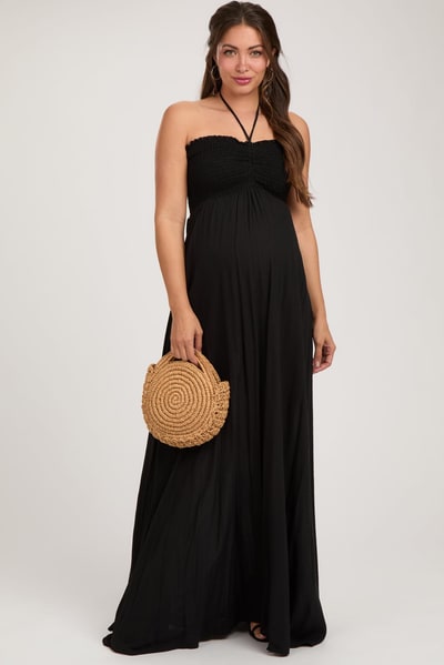 PinkBlush Black Smocked Halter Maternity Maxi Dress
