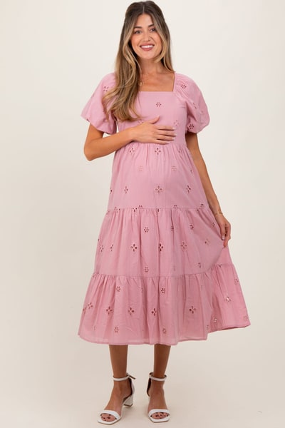 PinkBlush Pink Eyelet Square Neck Maternity Midi Dress
