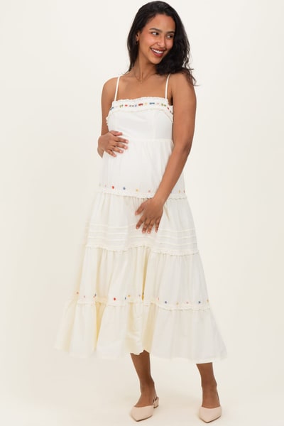 PinkBlush Ecru Embroidered Ruffle Tiered Maternity Maxi Dress