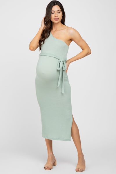 PinkBlush Mint Green Ribbed One Shoulder Side Slit Maternity Midi Dress