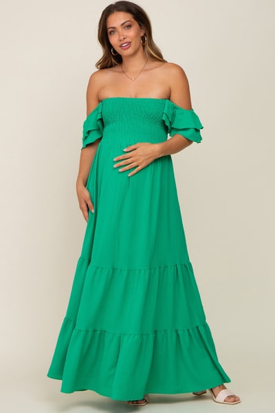 PinkBlush Green Smocked Ruffle Off Shoulder Tiered Maternity Maxi Dress
