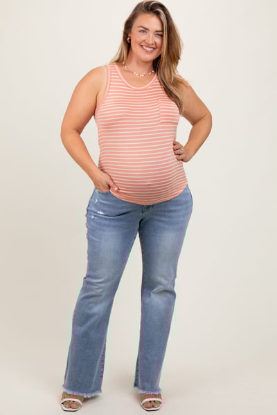 PinkBlush Light Blue Distressed Fringe Hem Flare Leg Maternity Plus Jeans