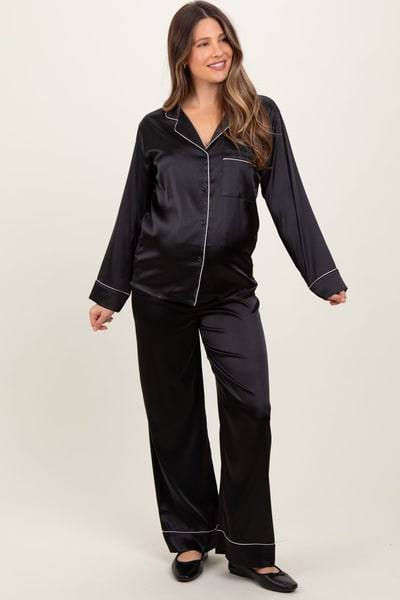 PinkBlush Black Satin Contrast Trim Long Sleeve Maternity Pajama Set