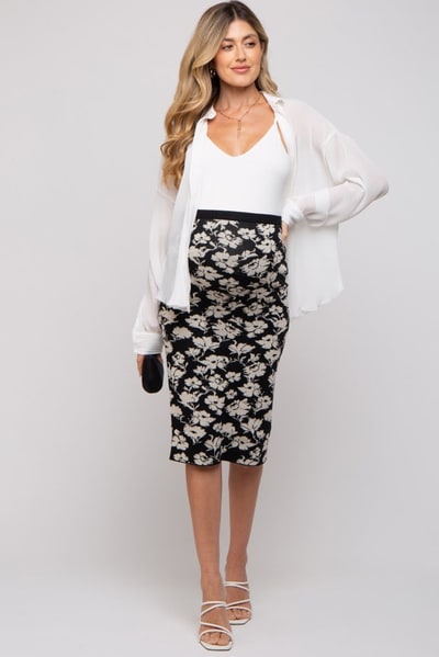 PinkBlush Black Floral Knit Maternity Midi Skirt