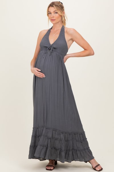PinkBlush Gray Halter Neck Smocked Maternity Maxi Dress