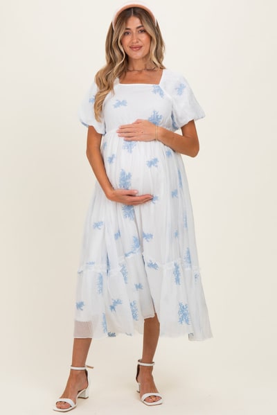 PinkBlush Ivory Floral Print Ruffle Hem Maternity Midi Dress