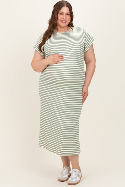 PinkBlush Olive Striped Maternity Plus Midi T-Shirt Dress