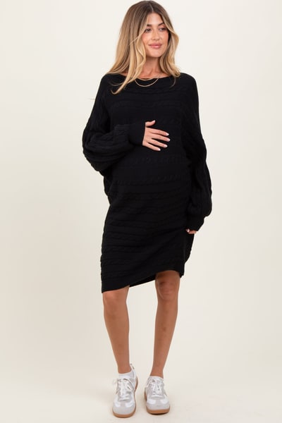 PinkBlush Black Cable Knit Dolman Sleeve Maternity Sweater Mini Dress