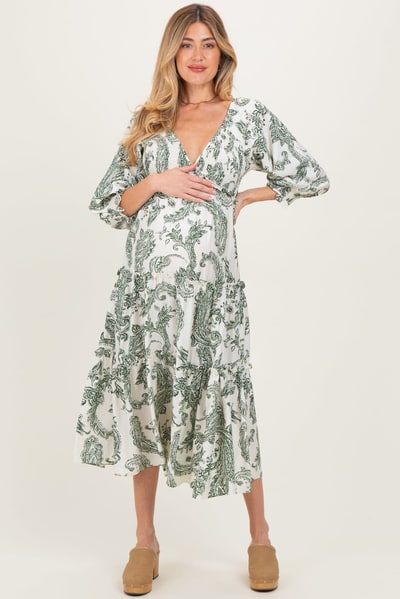 PinkBlush Olive Damask Smocked Ruffle Tier Maternity Midi Dresses