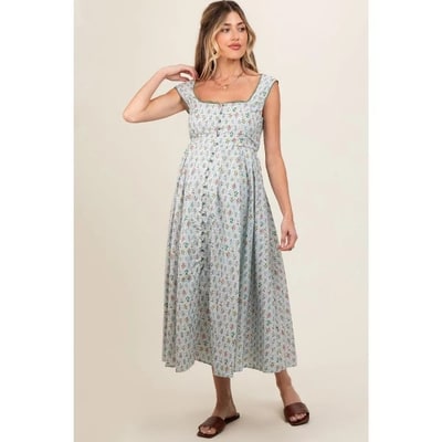 Target PinkBlush Light Blue Floral Button Front Sleeveless Maternity Maxi Dress Light Blue Large