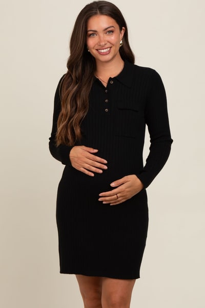 PinkBlush Black Ribbed Knit Henley Maternity Dress